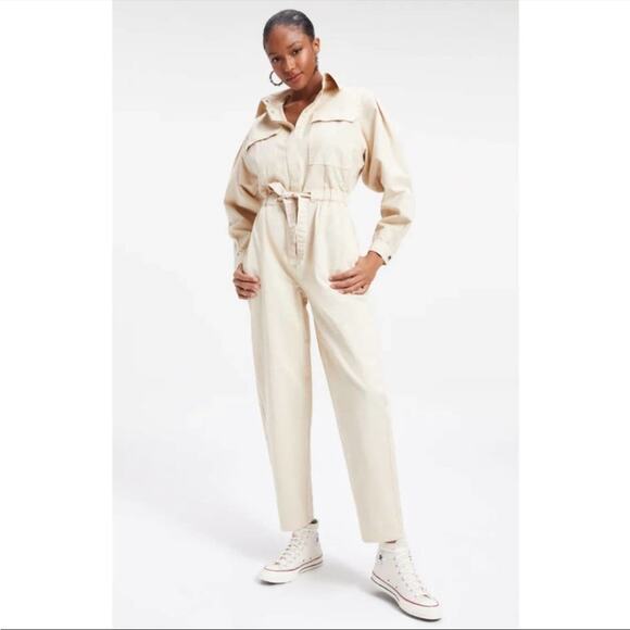 Good American Cinched Utilitarian Jumpsuit Cream Size Small Long Sleeve NEW - Picture 1 of 10
